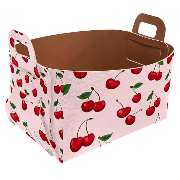Pink Cherry Pattern Storage Basket Collapsible Storage Bin, PU Foldable Basket Convenient Box Storage Organizer with Handles for Shelves Office Bedroom Closet Nursery Toys Laundry