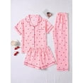 thumbnail image 1 of Pink Cherry Print 3-Piece Womens Pajama Set: Button-Up Top, Shorts & Long Pants, 1 of 5