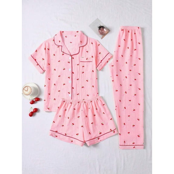 Pink Cherry Print 3-Piece Womens Pajama Set: Button-Up Top, Shorts & Long Pants