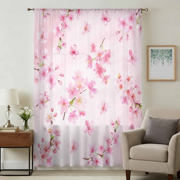Pink Cherry Sheer Curtains 45 Inches Long for Bedroom, Spring Botanical Blossoms Flowers Floral Light Filtering Privacy Drapes, Breathable Semi Sheer Short Window Treatment for Kitchen Cafe Bathroom
