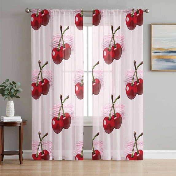 Pink Cherry Sheer Curtains 84 Inch Length 2 Panels Set, Farmhouse Watercolor Cherries Fruits Voile Window Treatment Rod Pocket Curtains Sheers Drapes for Bedroom/Living Room/Kitchen 52"x84"x2