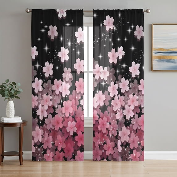 Pink Cherry Sheer Curtains 96 Inch Length 2 Panels Set, Romantic Botanical Blossoms Flowers Floral Voile Window Treatment Semi Sheer Long Curtains Drapes for Bedroom/Living Room/Kitchen 52"x96"x2