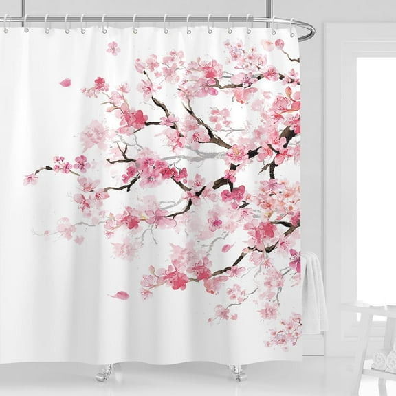 Pink Cherry Shower Curtain 72''''W x 72''''L White Floral Flower Sakura Plum Blossom Japanese Asian Anime Cute Girl Girly Pretty Style Polyester Fabric Waterproof 12 Pack Plastic Hooks