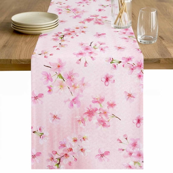Pink Cherry Table Runner - 70 Inch Long Spring Botanical Blossoms Flowers Floral Cotton and Linen Blended Dress Scarves Farmhouse Table Runner for Kitchen Dining, Coffee Table, 13" x 70"