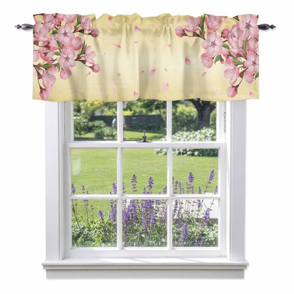 Pink Cherry Valance Curtain for Windows Watercolor Floral Flower Blossoms Branhes Country Rod Pocket Curtain Valances Short Window Treatments Panels for Kitchen Bathroom Laundry Basement 56 x 16 Inch
