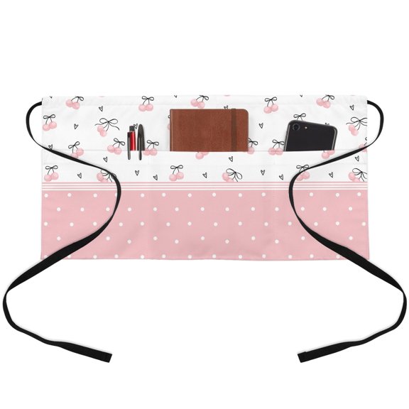 Pink Cherry Waitress Apron with 3 Pockets, Elegant Pastoral Farmhouse Art Polka Dots Server Aprons Waterproof Kitchen Restaurant Half Waist Apron for Men Women