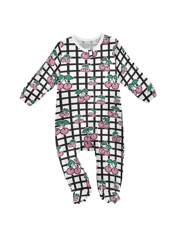 Pink Cherry on Checkered Baby Sleeper One-Piece Footies Newborn Roomper 12Months