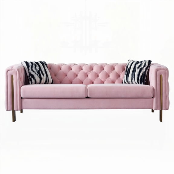 Modern Velvet Chesterfield Sofa 84.25''W with 4 Gold Metal Legs
