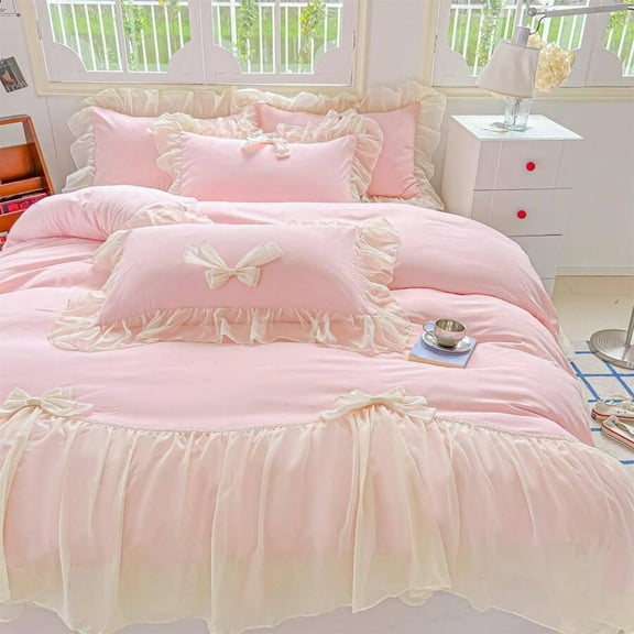 Pink Chic Lace & Bow Comforter Set with Ruffled Details & Pillowcases - Elegant Bedding for Women's Bedroom