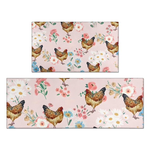 Pink Chicken Floral Pattern Kitchen Rugs Sets Of 2,Anti Fatigue Kitchen Mat Rugs Non Slip Washable,Decorative Kitchen Floor Mats for Kitchen,Sink,Laundry,17"x30"+17"x47"