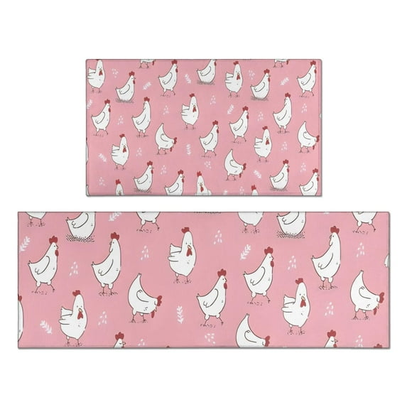 Pink Chicken Pattern Kitchen Rugs Sets Of 2,Anti Fatigue Kitchen Mat Rugs Non Slip Washable,Decorative Kitchen Floor Mats for Kitchen,Sink,Laundry,17"x30"+17"x47"