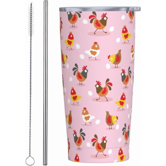 Pink Chicken Tumbler,cartoon Chickens 20oz Stainless Steel Insulated Travel Tumbler,Travel Coffee Mug with Lid and Straw Water Bottle Drink Tumbler Cups Gifts for Women Men