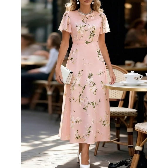 Pink Chiffon Floral Print Ruffle Sleeve Elegant Midi Dress For Women
