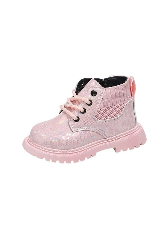 Pink Children'S Short Tube Boots With Shiny Patent Leather And Front Lace Up, For Everyday Activities