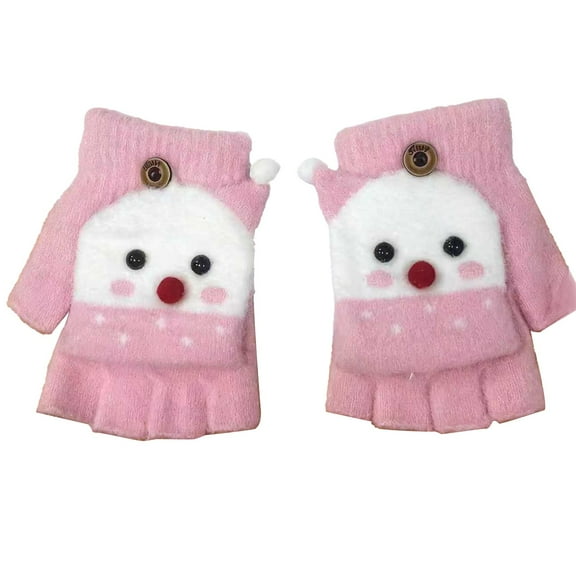 Pink Children Winter Gloves Warm Cute Snowman Pattern Open Finger Half Finger Knitted Gloves In Pink Color For Cold Weather