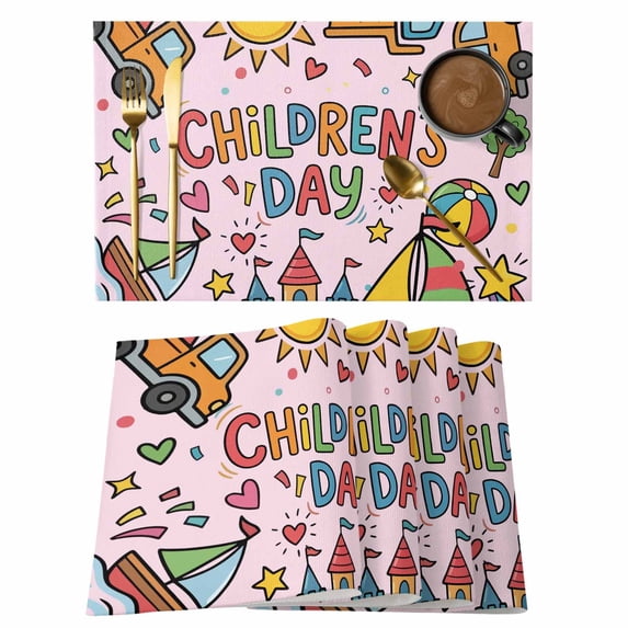 Pink Children's Day Placemats Set of 6 Car Tree Stars Modern Abstract Art Cartoon Place Mats Indoor Wipeable Table Mats Washable Dining Table Placemats for Kitchen Holiday Party Home Decor 13x19 Inch