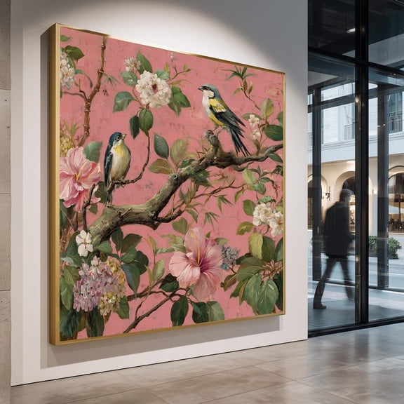 Pink Chinoiserie Birds Wall Art, Vintage Botanical Flower Print, Unframed Paper Poster 24x36in