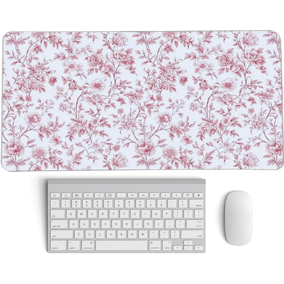 Pink Chinoiserie Mouse Pad,Vintage Pink and White Floral Desk Mat,XL Large Vintage Flowers Preppy Mouse Pad,Girly Laptop Desk Mat for Dorm Home Office,23.6x11.8 Inch