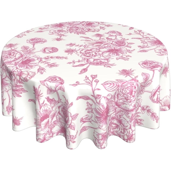 Pink Chinoiserie Round Tablecloth 70 Inch Pink Floral Toile Chinoiserie Decor Table Cloth Vintage Flowers Polyester Stain Resistance Round Table Cover for Party Picnic Kitchen Dining Outdoor