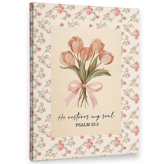 Pink Christian Floral Wall Art Decor Canvas, Bible Verse Psalm 23:3 Scripture Pictures Wall Decor Decorations Art, Vintage Tulip Floral Framed Prints Artwork For Home Bedroom Church