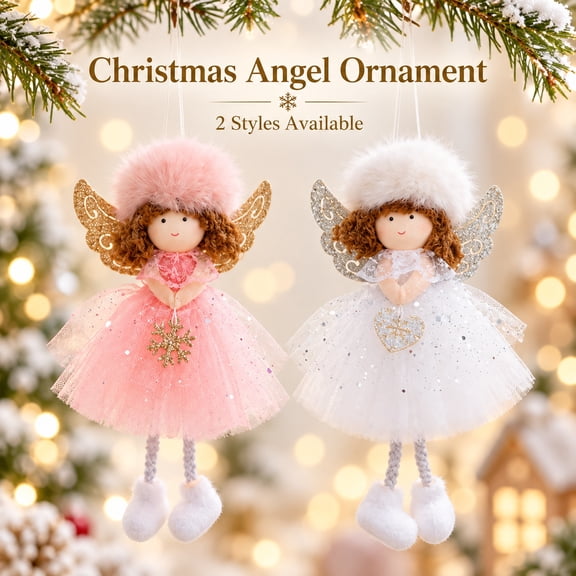 Pink Christmas Angel Ornament with Glitter Wings and Tulle Skirt, 1 Piece, Pink and Gold, for Christmas Tree Hanging Decoration