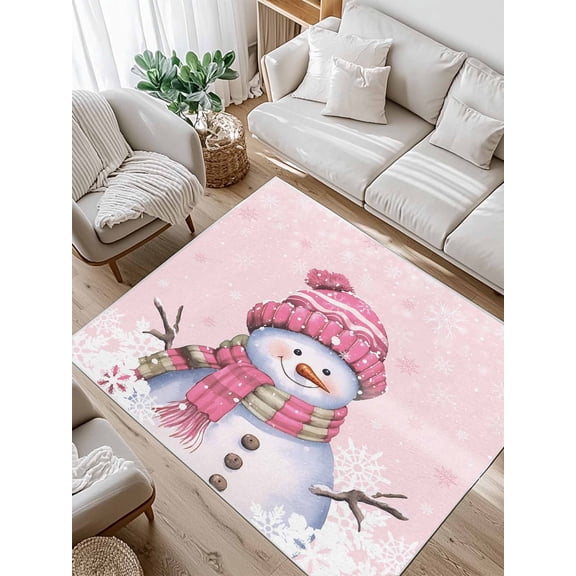 Pink Christmas Area Rug for Bedroom 2.7x5 Ft Snowman with Cap Xmas Snowflake Super Soft fuzzy Throw Rug Non-Slip Fluffy Plush Indoor Floor Carpet for Living Room Nursery Home Decor