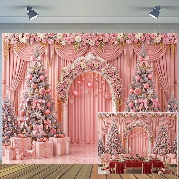 Pink Christmas Backdrop Floral Arch Pink Gold Curtain Background Winter Xmas Photo Booth Prop for Girls Birthday Baby Shower Family Portrait Home Wall Decorations, 7x5ft