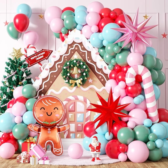 Pink Christmas Balloons Arch Kit, Xmas Pink Green Balloons Garland, Teal Blue Mint Green Latex Balloons, Gingerbread Man Candy Cane Star Foil Balloon for New Year Christmas Party Decorations