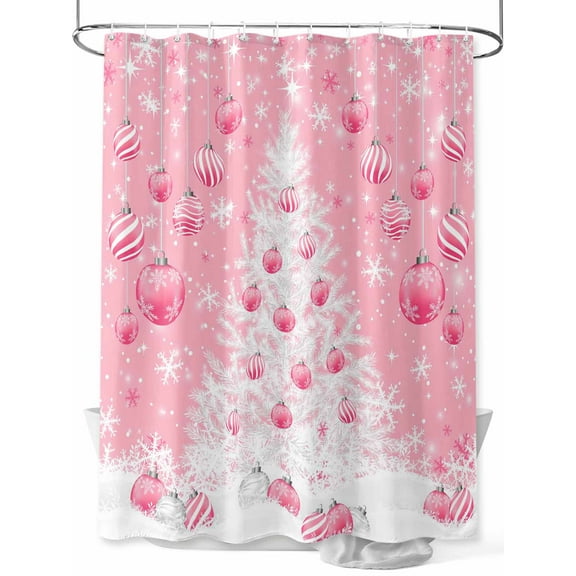 Pink Christmas Balls Shower Curtain Set ，Waterproof Fabric Shower Curtains Xmas Tree Snowflake Shower Curtains for Bathroom,Bathroom Decor 60"x72"