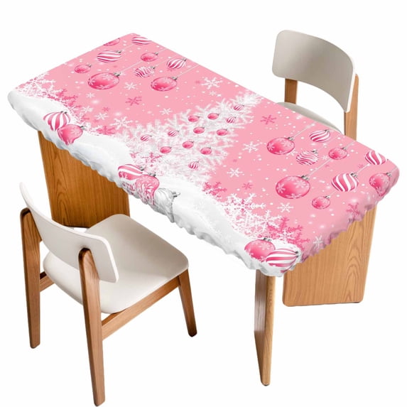 Pink Christmas Balls Table Cloths for 5 Foot Rectangle Tables, Xmas Tree Snowflake Patio Waterproof Elastic Fitted Tablecloths, Washable Rectangular Table Cover for Camping