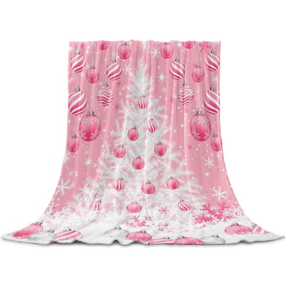 Pink Christmas Balls Throw Blanket for Couch, Soft Lightweight Flannel Fleece Blanket, Xmas Tree Snowflake Microfiber Plush All Season Decorative Blankets Gifts for Sofa Office Lap 30"x40"