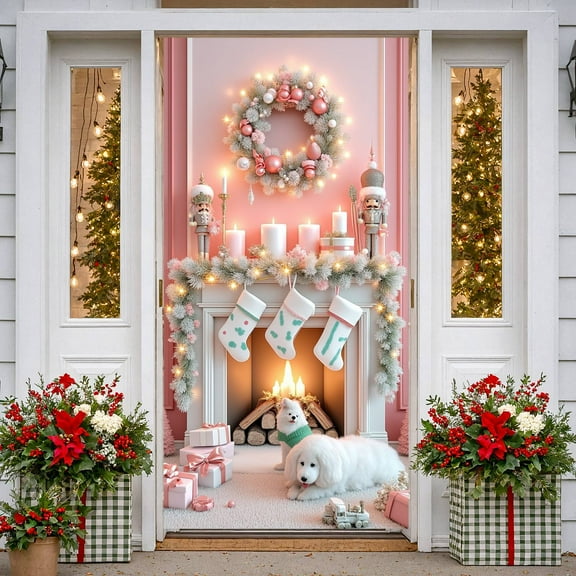 Pink Christmas Banner Snowman Pattern Winter Backdrop Gift Box Design Gold Stars Holiday Background for Christmas Party Home Decoration Winter Celebration