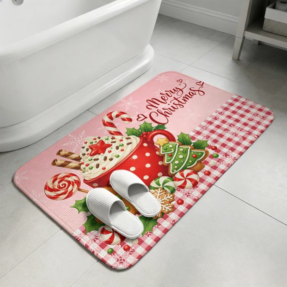 Pink Christmas Bathroom Rugs Non Slip Washable Bath Mat Absorbent Low Pile Front Door Mat Dessert Xmas Snowflake Tree Indoor Doormat for Kitchen Entryway Shower Decor Accessories 15.7"x23.6"
