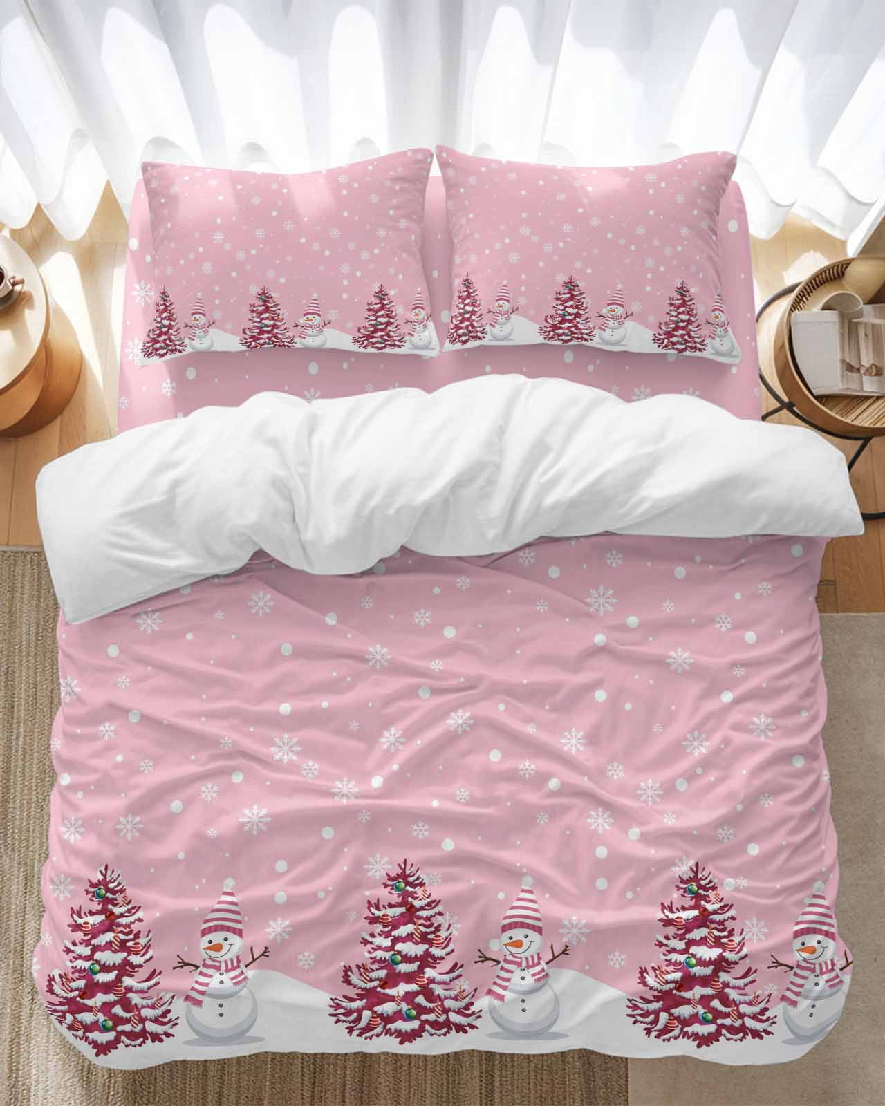 Pink Christmas Bedding Duvet Cover Set King Size 4 Pieces Snowman Christmas Tree Winter Snowflakes Bedding Set with Zipper Closure, 1 Comforter Cover 92x106 Inches 1 Flat Sheet & 2 Pillow Cases