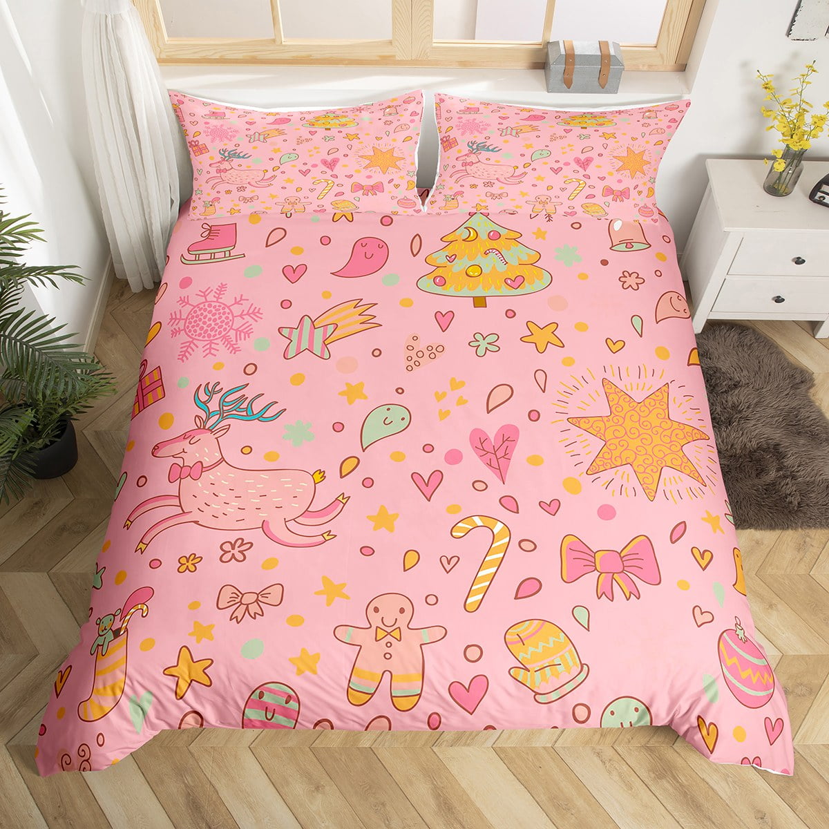 Pink Christmas Bedding Set For Kids Girls Full Size,Cute Cartoon Xmas