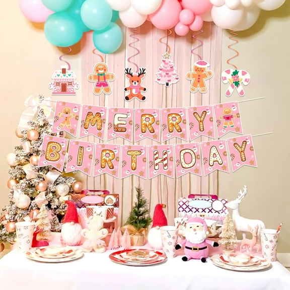 Pink Christmas Birthday Decorations Set - Merry Birthday Banner, Spiral Hanging Ornaments & Cartoon Pendants for Holiday Party Decor