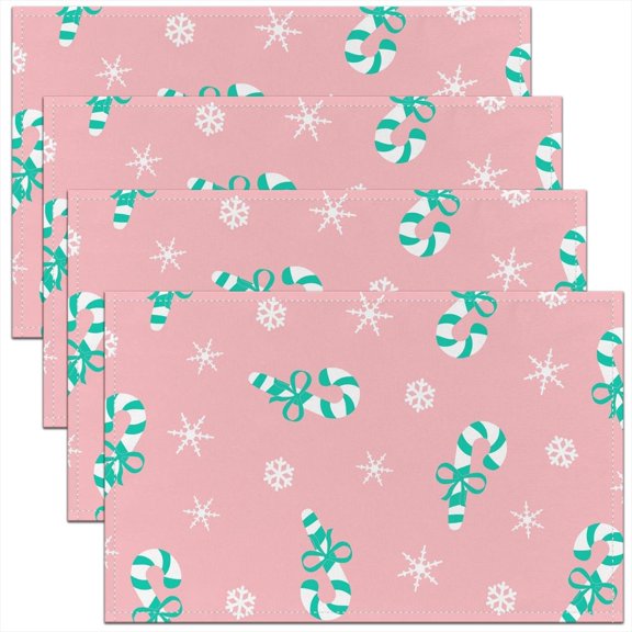 Pink Christmas Bows Placemats - Candy Cane Cute Place Mat Set of 4 for Girls Kids | Winter Snowflake Table Mats 12x18 Inch | Xmas Decorations Bow Ties Table Decor for Dining Room