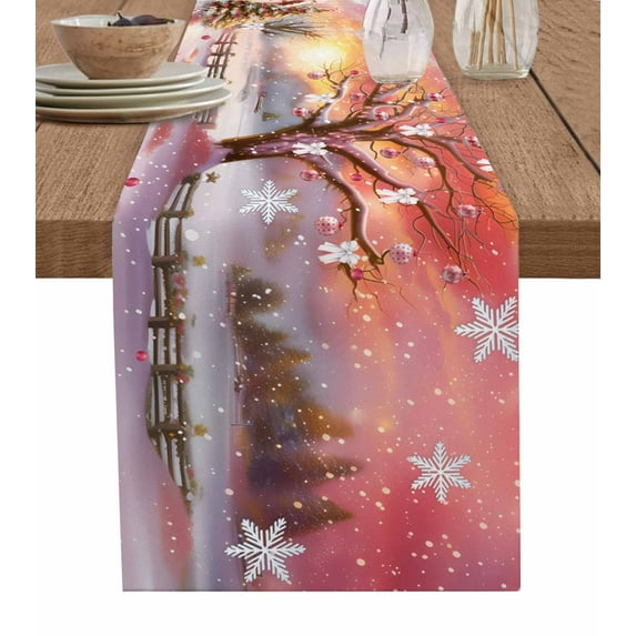 Pink Christmas Burlap-Cotton Table Runner 72 Inches Long,Snowflake Watercolor Xmas Tree Farmhouse Table Runners,Outdoor Dining Tablecloths Decor for Baby Shower Party Wedding 16x72