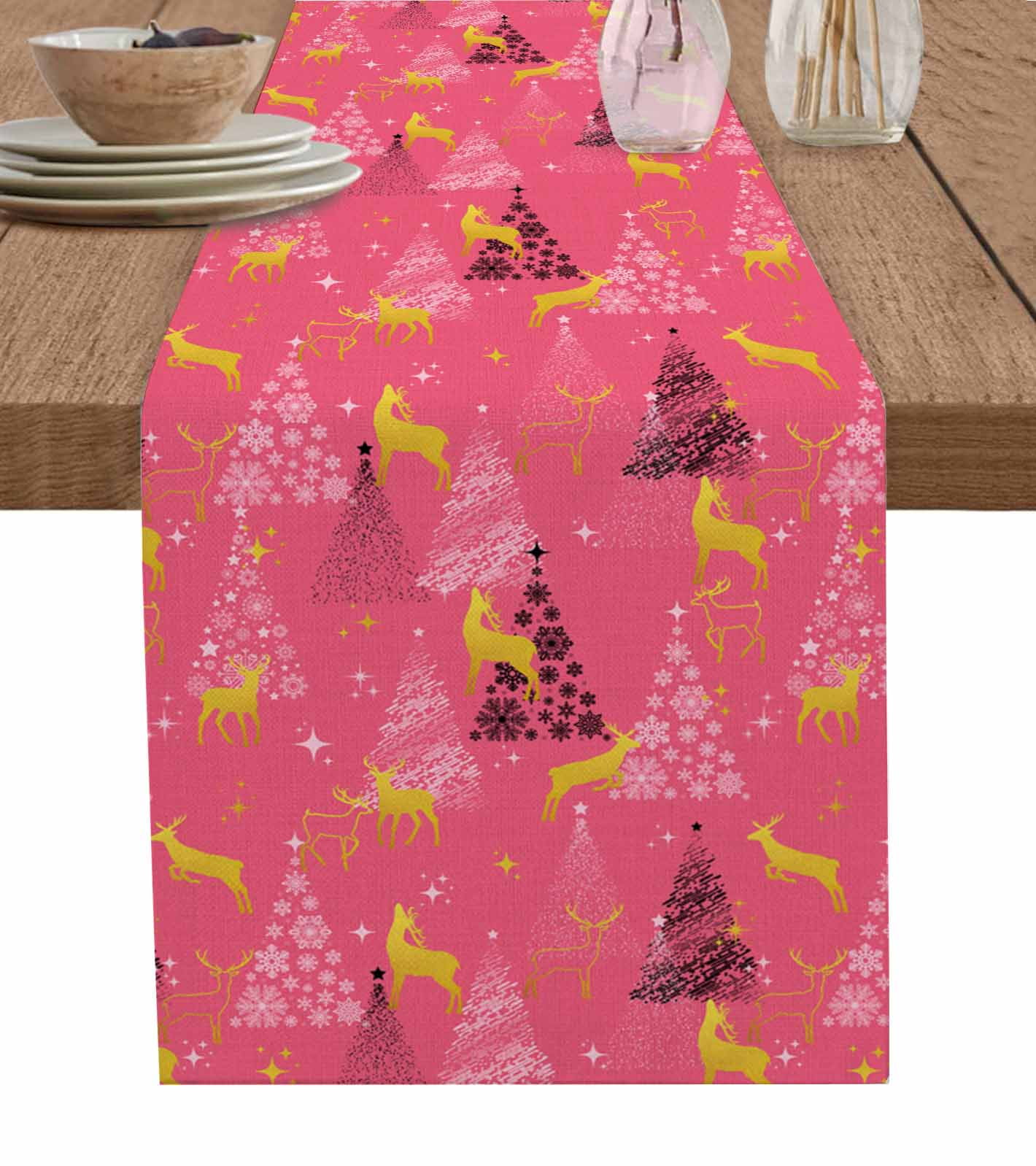 Jbralid Christmas Linen Table Runner - 72x13 Inch, Red Checkered Xmas Tree Elk Farmhouse Decor