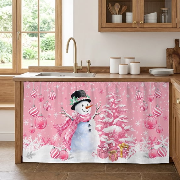 Pink Christmas Cabinet Curtain 28"Wx51"L,Dustproof Storage Cabinet Curtain with Self Adhesive Tape,Snowman Xmas Tree Ball Gifts Winter Tall Pantry Cover Drape for Kitchen,Laundry Room,Utility Closet