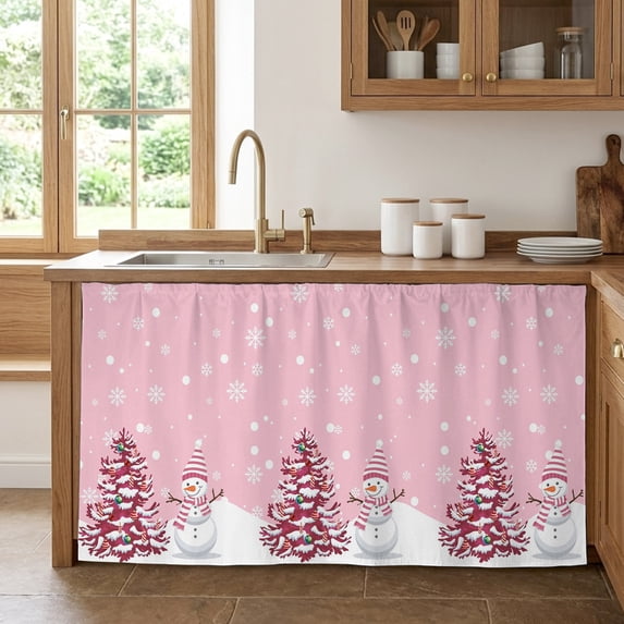 Pink Christmas Cabinet Curtain 28"Wx51"L,Dustproof Storage Cabinet Curtain with Self Adhesive Tape,Winter Snowman Pine Tree Snow Scene Tall Pantry Cover Drape for Kitchen,Laundry Room,Utility Closet