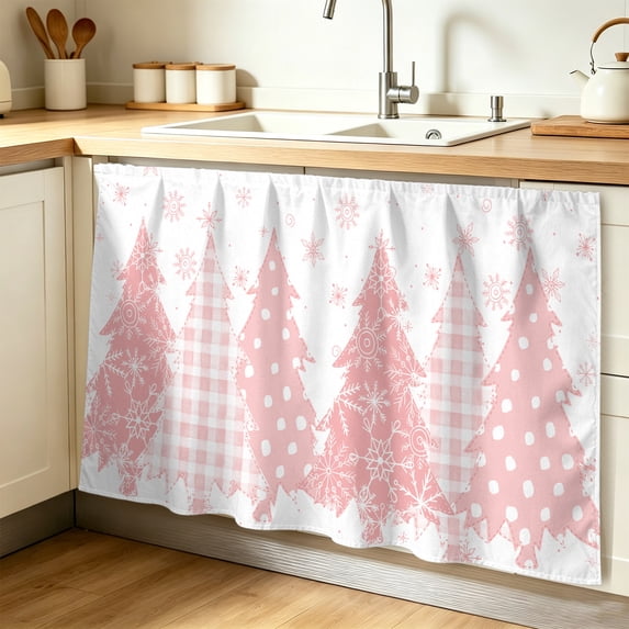 Pink Christmas Cabinet Curtain 32"Wx55"L,Dustproof Pantry Door Curtain with Self Adhesive Tape,Pink Plaid Xmas Tree Snowflake Winter Tall Storage Cover Privacy Drape for Bathroom Kitchen Laundry Room