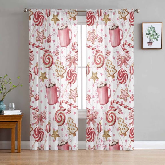Pink Christmas Candy Sheer Curtains 63 Inch Length 2 Panels Set, Semi Transparent Voile Rod Pocket Curtains for Living Dining Room Bedroom Drapes Xmas Tree Cane Cute Bow