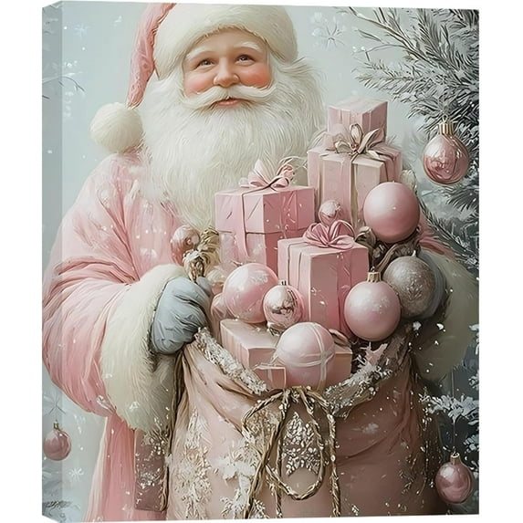 Pink Christmas Canvas Wall Art, Santa Elegant Pictures for Girls Bedroom And Festive Party Wall Decorations, Christmas Gift for Womens, Framed Painting Ready to Hang