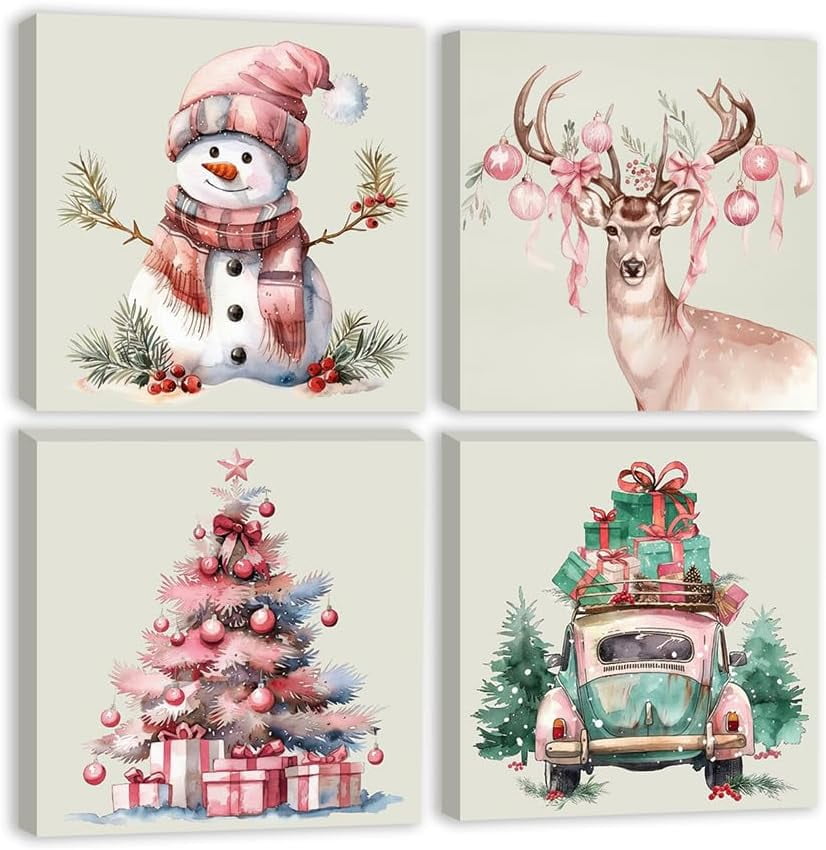 Pink Christmas Canvas Wall Art - Set of 4 Snowman, Deer, Christmas Tree and Truck Christmas Poster Art Print - Aesthetic Xmas Holiday Painting Room Decor for Living Room Bedroom (12"X12"X4PCS)
