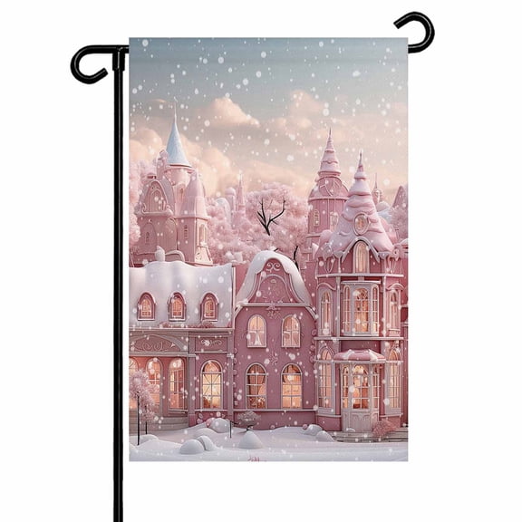Pink Christmas Castle Garden Flags for Outside Winter White Snowscape Double Sided Yard Flags Outdoor House Decoration, Small 12X18 Inch,