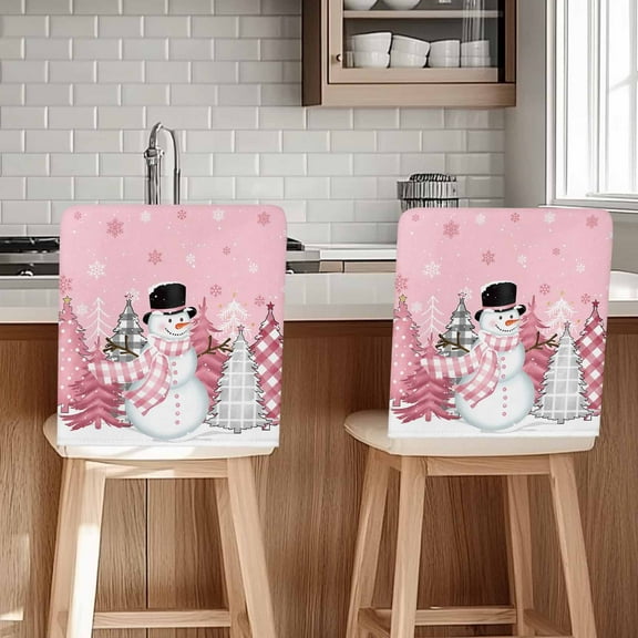 Pink Christmas Chair Covers Set of 4 Snowman Chair Back Covers Stretch Removable Washable Slipcovers Protector for Dining Room Kitchen Party Decor