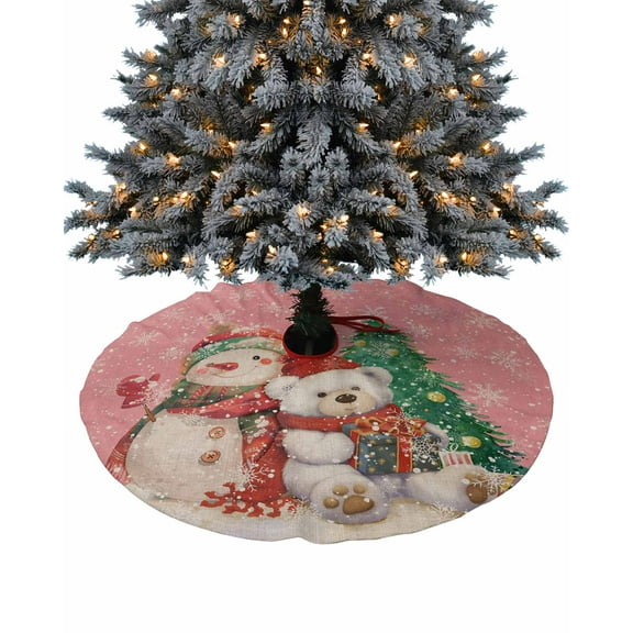 Pink Christmas Christmas Tree Skirt 48 Inches Large Christmas Skirt Tree, Snowman Bear Xmas Tree Snowflake Tree Skirt Christmas Decorations for Fireplace Party Holidays Indoor Outdoor