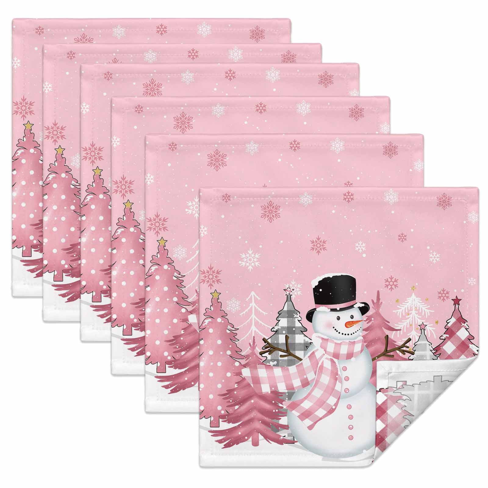 Pink Christmas Cloth Napkins Set of 6 Snowman Soft Washable Square ...
