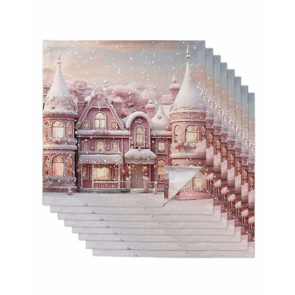 Pink Christmas Cloth Napkins Washable Set of 8, Xmas House Pink Winter Snowflake Reusable Dinner Table Napkins Cloth Bulk for Weddings Kitchen Restaurants Hotel Events Parties 20 x 20 Inch